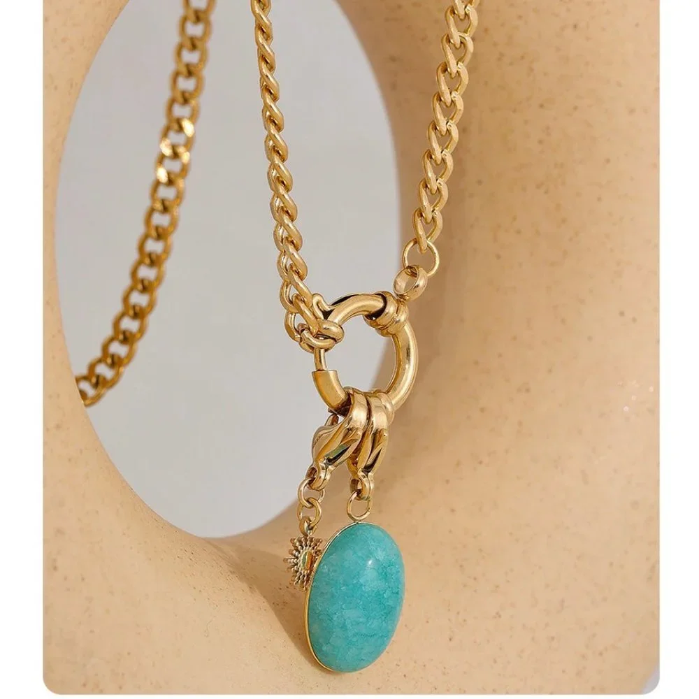 NEW 18K Gold Plated Oval Turquoise Circle Link Chain Necklace